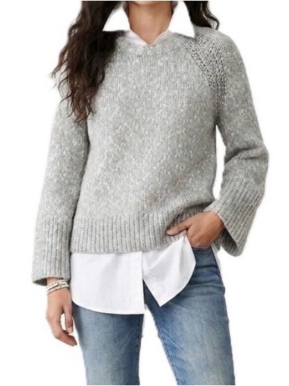 TALBOTS Shaker Knit Sweater Large Grey Relaxed Fit Bell Sleeve Cozy EUC